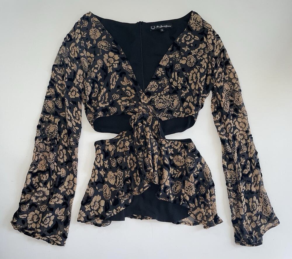 For Love & Lemons Flower Top Black Cut Out Bell Sleeve Small Ruffled V-Neck